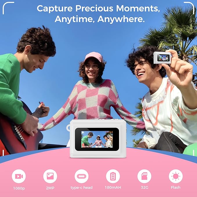 Mini Keychain Digital Camera, Y2K Pocket-Size Mini Camera, 2MP 1080P Small Camera with 32GB Card, Video Recorder with Long Battery Life for Travel, Party and Vlog (White)