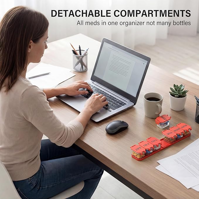 Extra Large Weekly Pill Organizer - Waterproof 7-Day Pill Box, Portable Vitamin & Supplement Case, Easy to Open Design, Ideal for Travel a nd Daily Medication Management (Red)