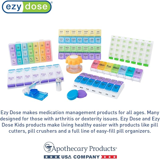EZY DOSE Weekly (7-Day) AM/PM Daily Pill Case, Medicine Planner, Vitamin Organizer, Fish Oil Holder, Supplements Container, Medium Compartments, 2 Times a Day, Color May Vary, BPA Free