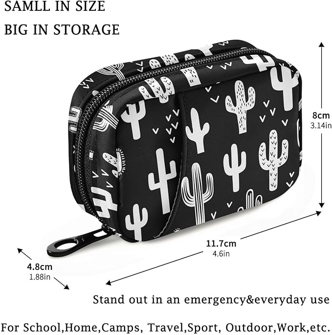 Fustylead Black and White Fun Western Cactus Travel Pill Organizer Bag with Zipper Small Pill Box 7 Day Pill Case for Purse Storage Weekly Vitamin Medicine Supplement