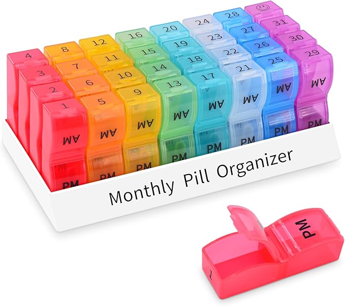 GREENCYCLE Monthly Pill Organizer 2 Times a Day, 30 Days Pill Box AM PM, 4 Week Pill Cases, One Month Pill Medicine Container Small Separate Compartments to Hold Vitamins, Fish Oil, Supplements