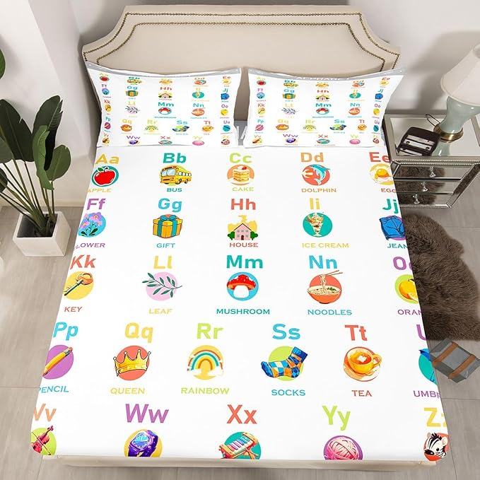 ABC Alphabet Fitted Sheet Full Size, Cartoon Bedding Set with Numbers, Toddler Educational Learning Bed Cover and 2 Pillow Case