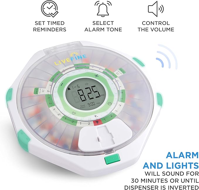 Live Fine 28-Day Automatic Pill Dispenser Frosted Lid with Upgraded LCD Display and Key Lock, Sound & Light for Prescriptions, Medication, Vitamins, Supplements & More