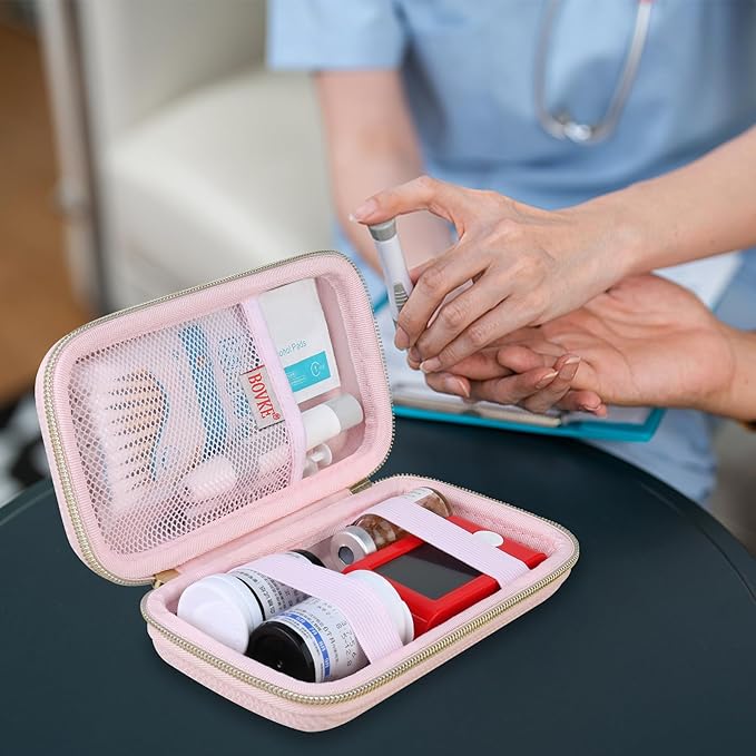 BOVKE Diabetic Supplies Travel Case, Storage Carrying Bag for Diabetes Testing Kit, Blood Glucose Monitor Meters, Test Strips, Medication, Lancets, Needles, Syringes and Diabetic Supplies, Pink Star