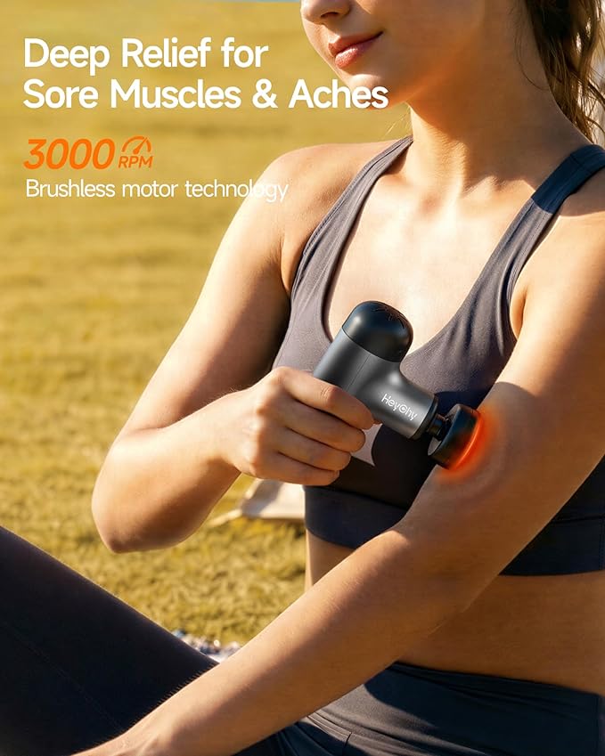Mini Massage Gun with Heat, Deep Tissue Massage Gun, Portable Percussion Muscle Massager with 4 Massage Heads for Athletes