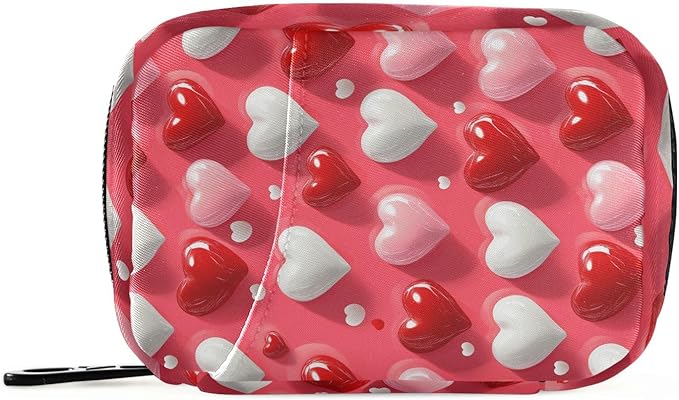 Heart Red Pink Travel Pill Case Bag with Compartments Twill Fabric Organizer with Plastic Inner Box for Medication Vitamins & Supplements
