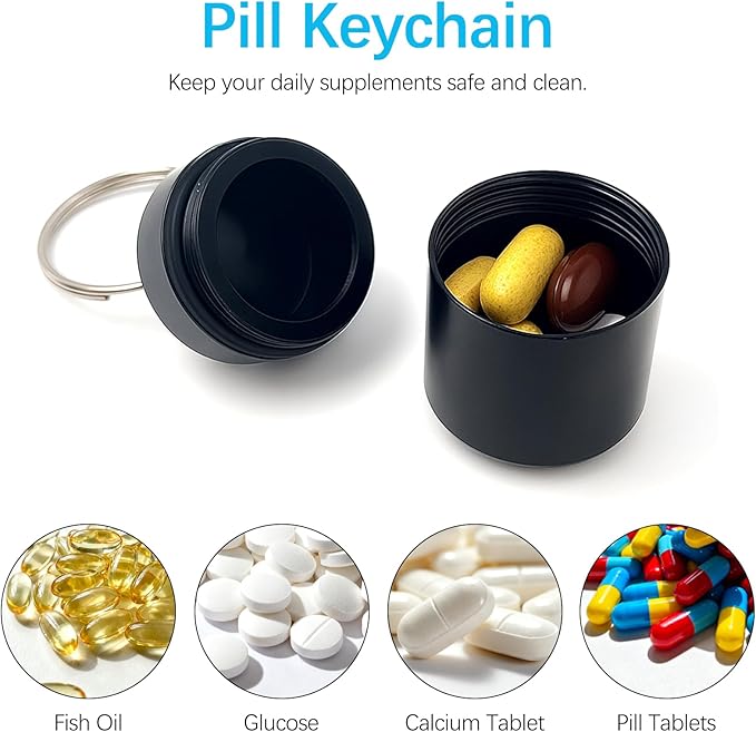2-Pack Aluminum Pill Holder Keychain, Waterproof Mini Pill Box with Key Ring for Travel, Purse & Backpack