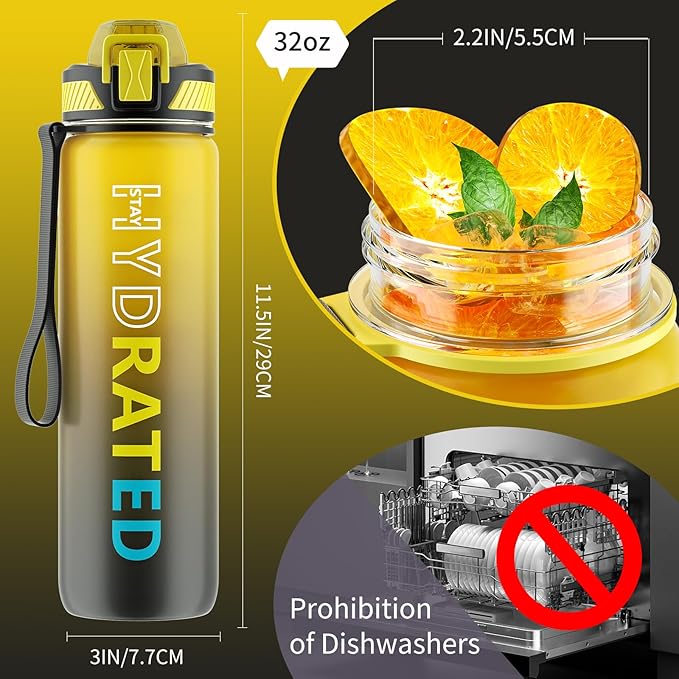 Water Bottle with Straw, 32oz Motivational Water Bottles with Time Marker to Drink, Tritan BPA Free, 1L Sports Water Bottle with Carry Strap LeakProof for Women Gym Fitness Outdoor (1 Pack)