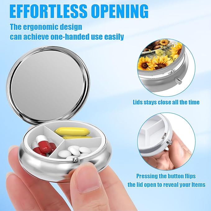 Sunflower Highland Cow Pill Case, Pill Box 3 Compartments Metal Small Pill Holder with Mirror Mini Travel Pill Container for Purse Pocket Women Men