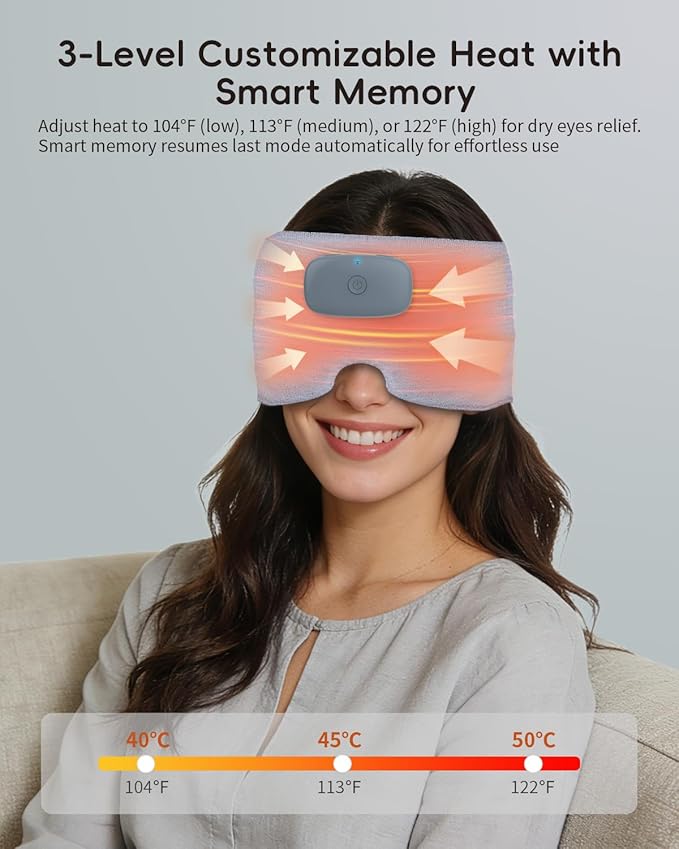 Heated Music Sleep Mask - Eye Mask for Sleep with Heat & Music, 3 Heat Levels, Bluetooth 6.0, Soft Fabric for Eye Strain, Dry Eyes & Migraine Relief - Unisex, Light Gray