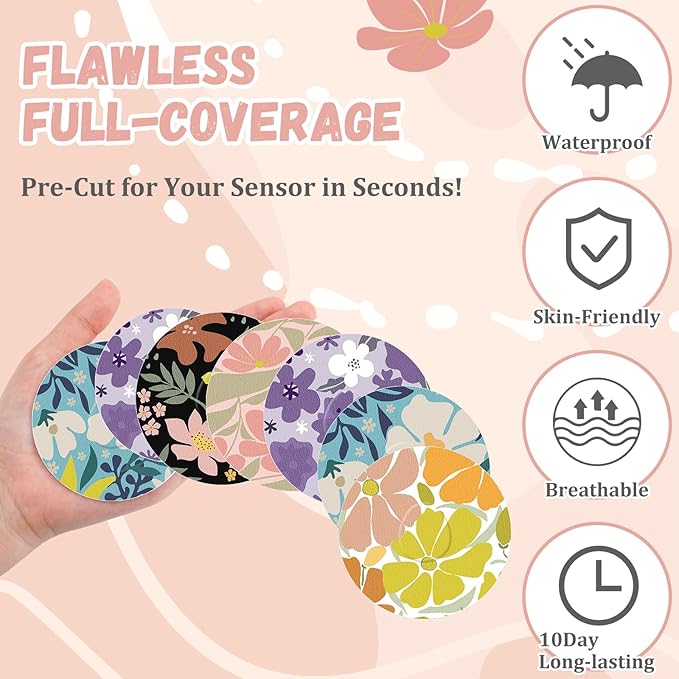 Geiserailie 30 PCS Adhesive Patch Compatible with Dexcom G7 Pre-Cut Flowers Pink Bow NO Glue in The Center Sensor Cover for Continuous Glucose Monitor Long Fixation Flexible Breathable
