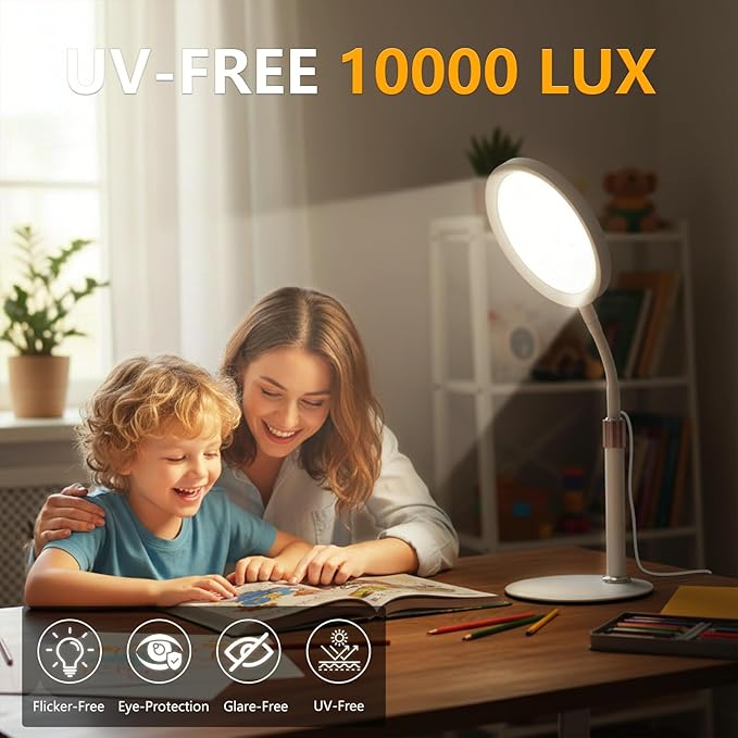 Light Therapy Lamp, LED Sunlight Lamp, 10000 Lux Full Spectrum Happy Therapy Desklamp with UV-Free,3 Color Temperature & 9 Brightness Level & Timer for Home, Office, Decoration (White A)