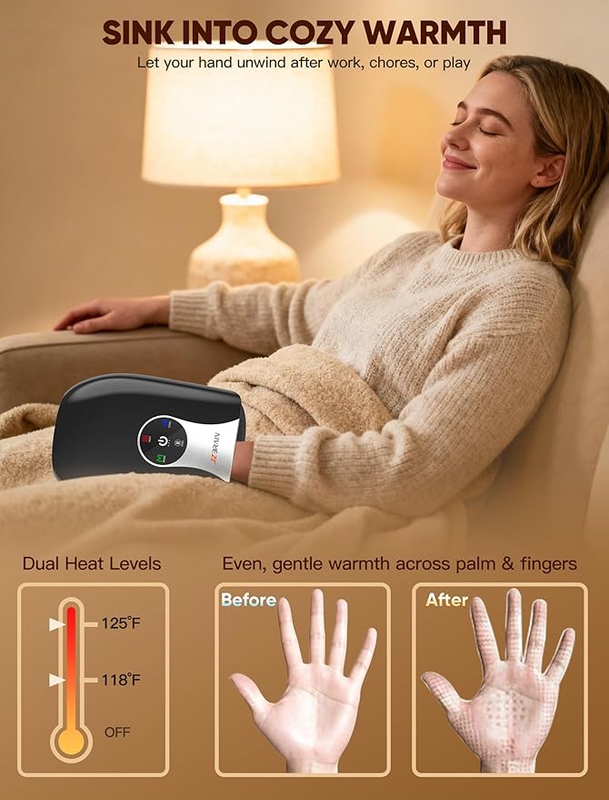Hand Massager with Heat and Compression : Cordless Heated Hand and Wrist Massager for Palm, Fingers, and Comfort Relief – 4 Modes 6 Intensities, Portable Rechargeable, Wife Husband (Black)