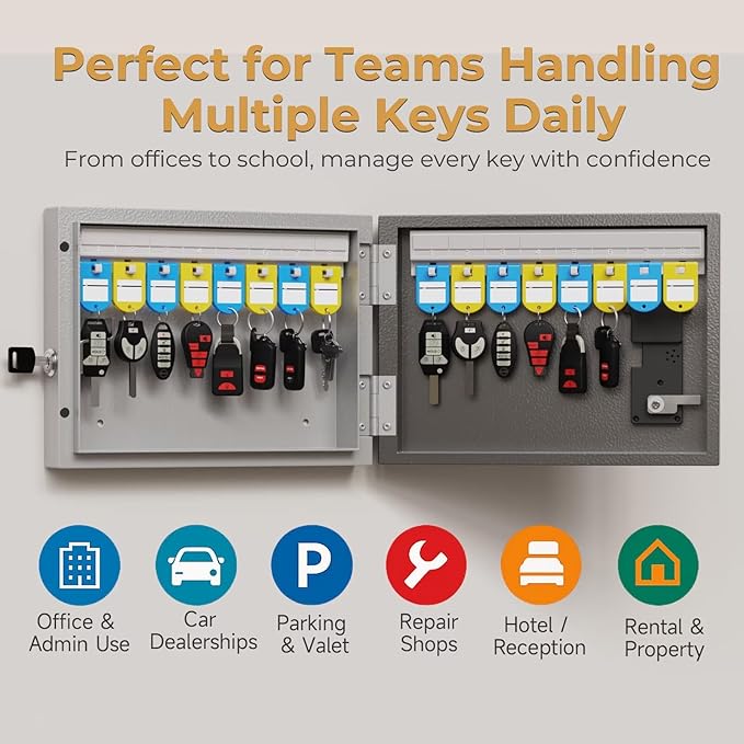 16 Key Lock Box Wall Mount, Smart Key Cabinet, use One Time Password,Fixed Code, Bluetooth, Wi-Fi Remote, Key Unlock, Security Lockbox Organizer for Valets, Hotel, Car, Office Key Management & Storage