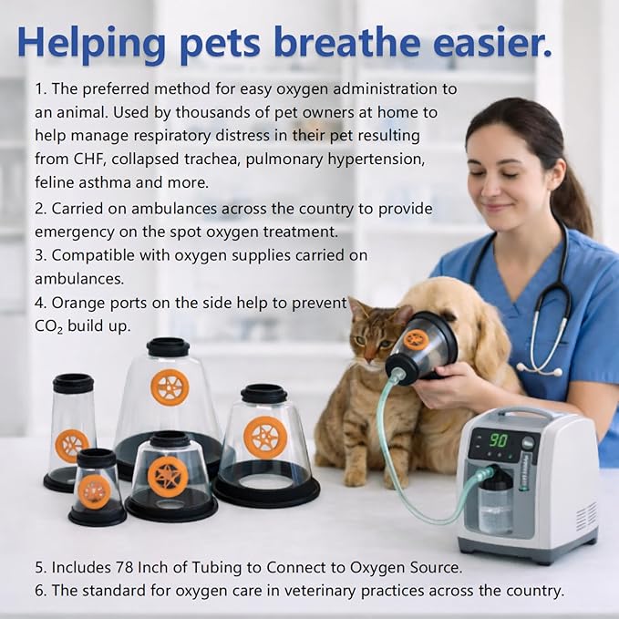 Pet Oxygen Mask Set - 5 Sizes, 6 Feet Tube - Respiratory Assistance Equipment for Dogs/Cats/Animals - Help Relieve Breathing Difficulty - Designed for Veterinarian and Professional