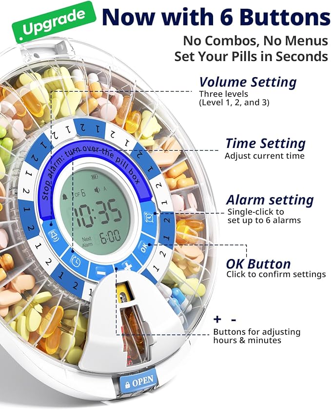 Betife 2nd Gen Automatic Pill Dispenser for Elderly with Alarm – 28 Slots, Key Locked, Alarm & Light Reminder, Mix-Proof, XL Display, 6 Dosage Rings，Easy Setup for Daily Medication