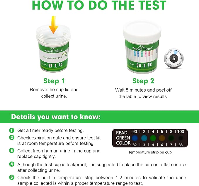 Easy@Home 12 Panel Drug Test Cup Kit with Temperature Strip-Testing OPI2000, THC, COC, MET/mAMP, OXY, AMP, BAR, BZO, MTD, MDMA, PCP, TCA- Instant Urine Test- ECDOA-7124-5 Pack