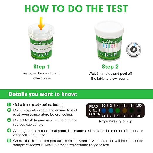 Easy@Home Drug Test Cup: Urine Drug Tests Kit, Testing All 12 Drugs AMP, BAR, BUP, BZO, COC, MDMA, MET, MOP 300, MTD, OXY, PCP, THC 50 in One Test Cup Kits，Built-in Test Strips, #ECDOA-6125B 5 Pack