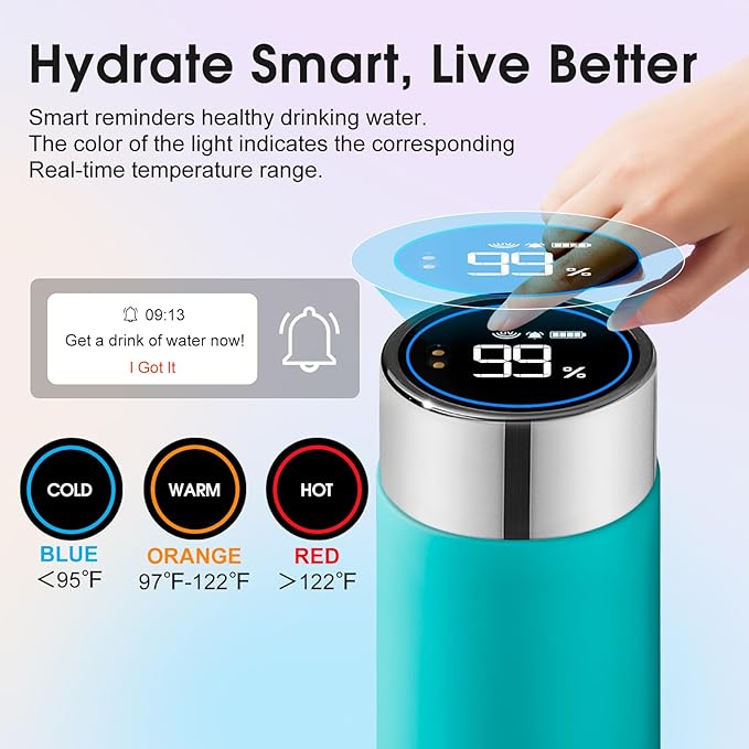 Vsitoo Smart self cleaning Insulated Water Bottle, 15oz Stainless Steel Vacuum Flask, AI Self-Clean, 30-Day Battery Life, BPA-Free, Magnetic Charging, Portable Travel Mug Gifts for Men Women, Blue