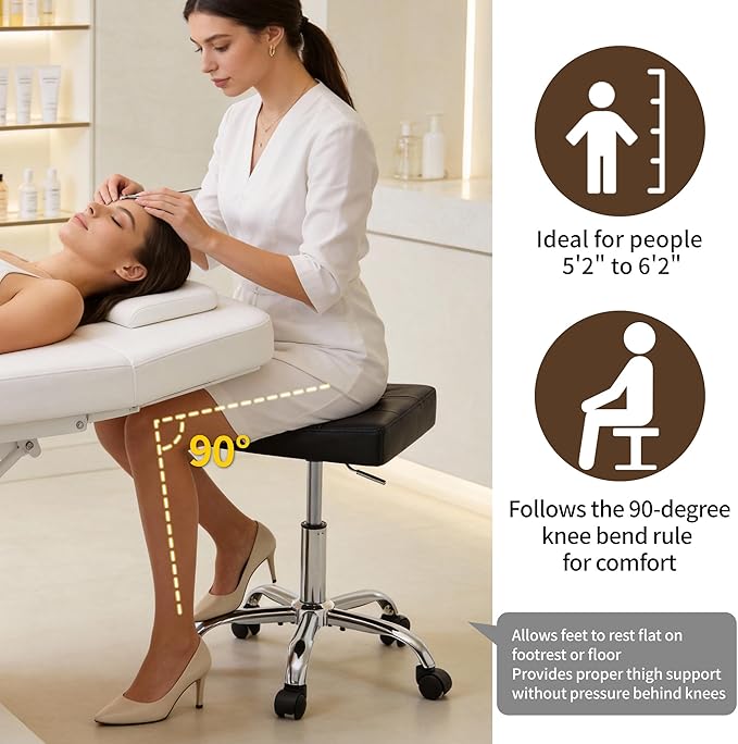 Ergonomic Rolling Shop Stool (Adjustable Height 17-21 inch) Salon Stool for Hair Stylist (Black)