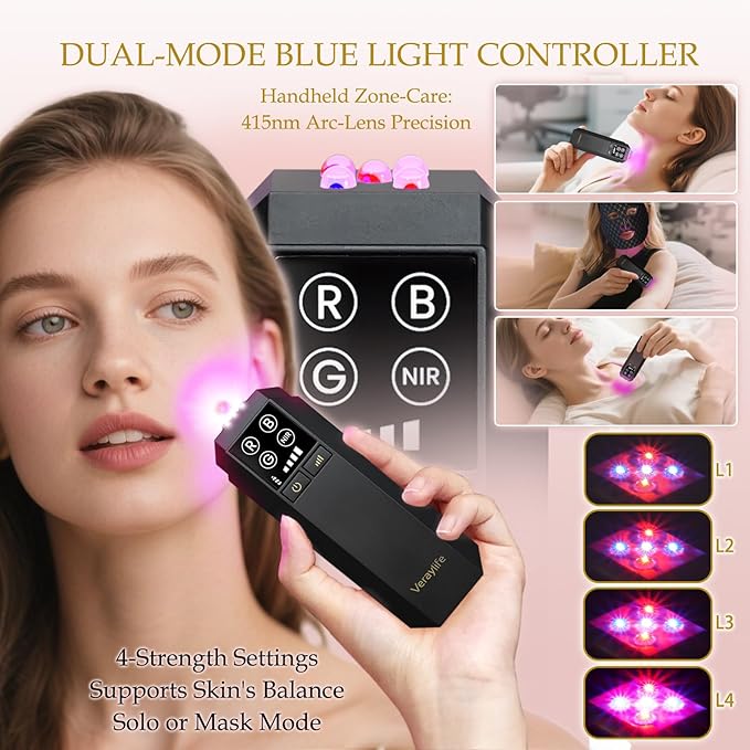 Red Light Therapy for Face, LED Facial Mask, Skin Care Light with Near Infrared 850nm & Adjustable Blue Light, Portable Home Device with 7 Colors & 8 Modes, 432 Beads Pro LEDs (Black-C)