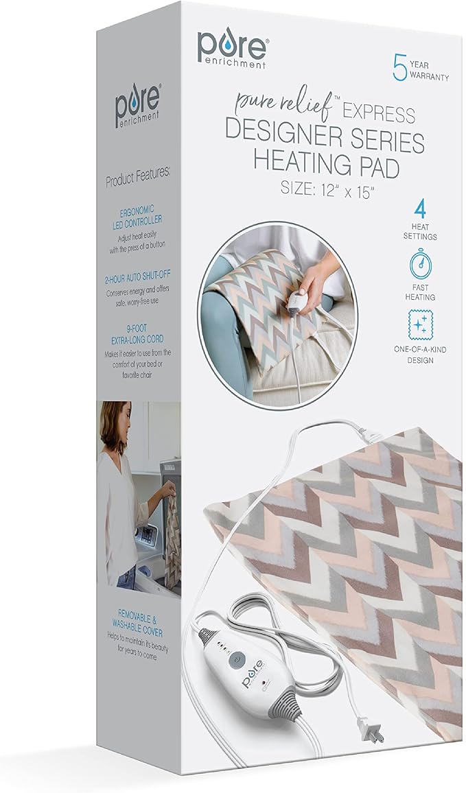 Pure Enrichment PureRelief Express Designer Series Electric Heating Pad - 12” x 15” Fast-Heating with 4 Heat Settings, Machine-Washable Fabric, & 2-Hour Auto Safety Shut-Off - Desert Herringbone