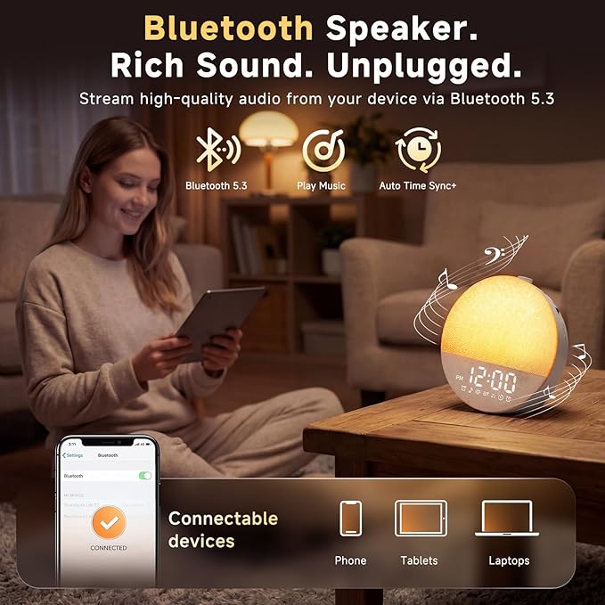 Sunrise Alarm Clock White Noise Machine | Natural Wake-Up Light for Bedroom with 30 Soothing Sleep Aids, Bluetooth Speaker, Dimmable Clock, Screen-Free Design for Baby Adults Kids-Grey