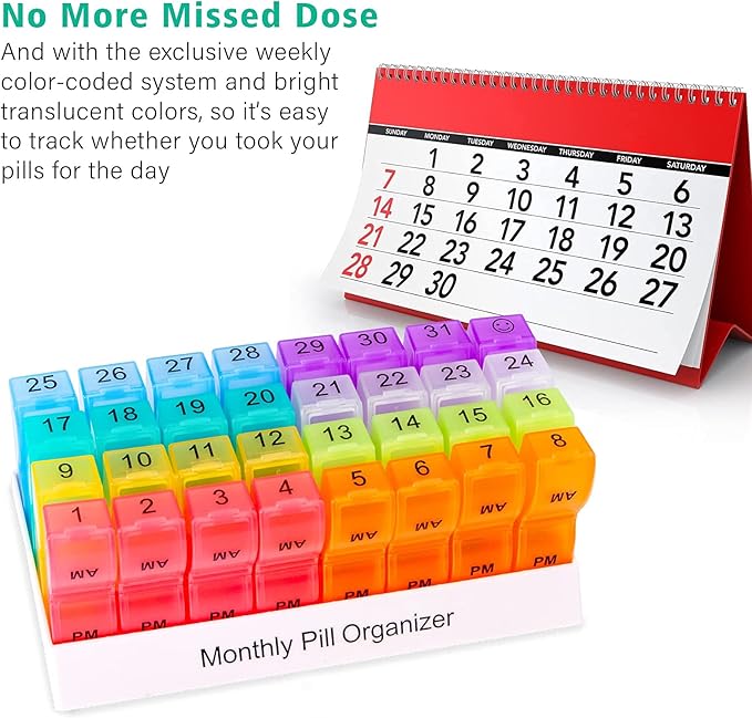 Monthly Pill Organizer For 30 Day, 2 Times a Day, One Month Pill Case AM PM, Travel 4 Week Pill Box, 31 Day Pill Medicine Container Vitamins Holder for Fish Oil, Medications and Supplements
