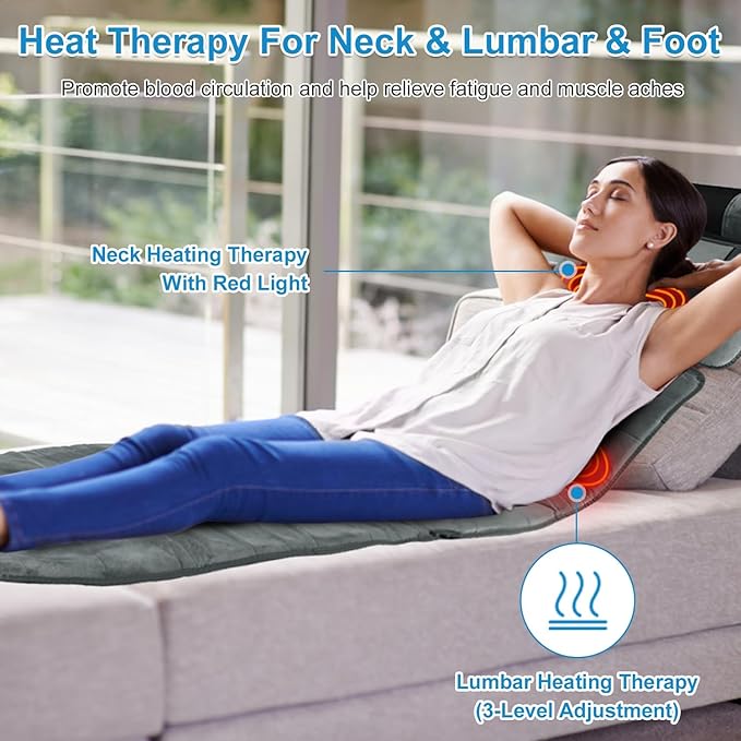 KOCASO Full Body Massage Mat with Heat - Electric Massage Mat Neck/Back Massager 10 Vibration Motors & 9 Modes with 2 Earplugs Lumbar Pillow Timer Anti-Slip Bottom, Mattress Chair Pad for Rleax