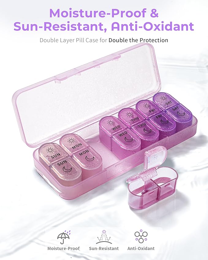 Pill Organizer, Am & Pm Pill Organizer 7 Days, Weekly Pill Case 2 Times a Day, Cute Pill Box 7 Day, Medicine Organizer for Travel, Vitamins, Fish Oils, Supplements (Gradient Pink-Purple)