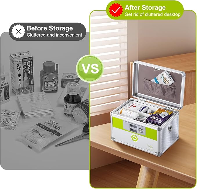 Medicine box with lock 10 x6.7x 6.7 inches [ Small], Medication Lock box ，First Aid Key Safe Box with Lock, Medical Box Organizer