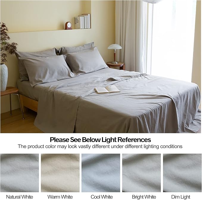 Simple&Opulence Belgian Linen Sheet Set Solid Color - 6 Pieces (1 Flat Sheet & 1 Fitted Sheet & 4 Pillowcases) 16" Deep Pocket Natural Flax Cotton Blended Soft Bedding - Grey, Queen Size