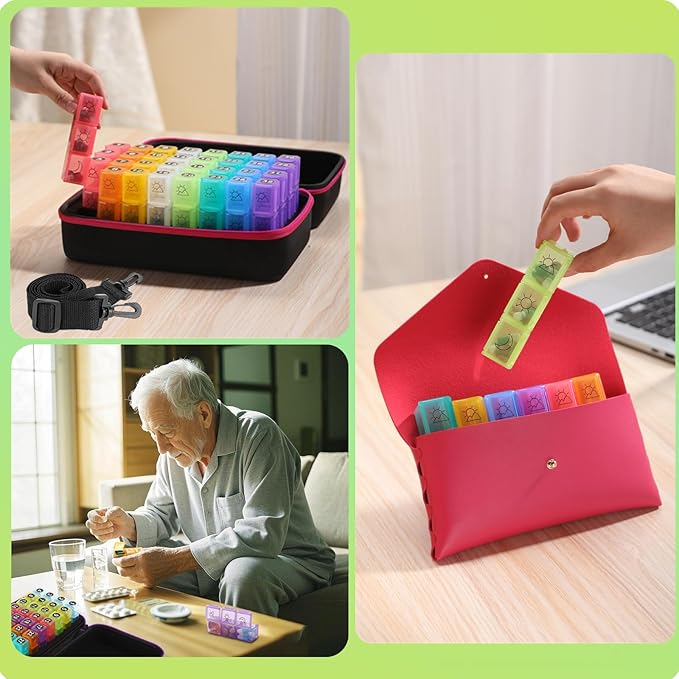 31-Day Monthly Pill Organizer with 3 Daily Compartments, Travel Medication Box with Pill Cutter, AM PM Storage Case (Pink)