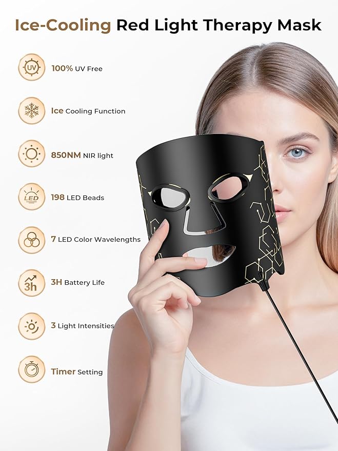 LED Light Therapy mask (E106A) for Face, LED Light Therapy Mask with Adjustable Brightness and Timer, Soft Silicone Red Light Therapy Mask for Home & Travel, Black