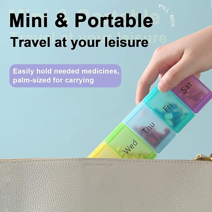 Pill Organizer, Weekly Portable Pill Dispenser, Travel Daily Pill Case Box Holder, 7 Compartment Medication Planner for Vitamin, Medicine, Fish Oil, Supplements (Transparent, 7-Color lid