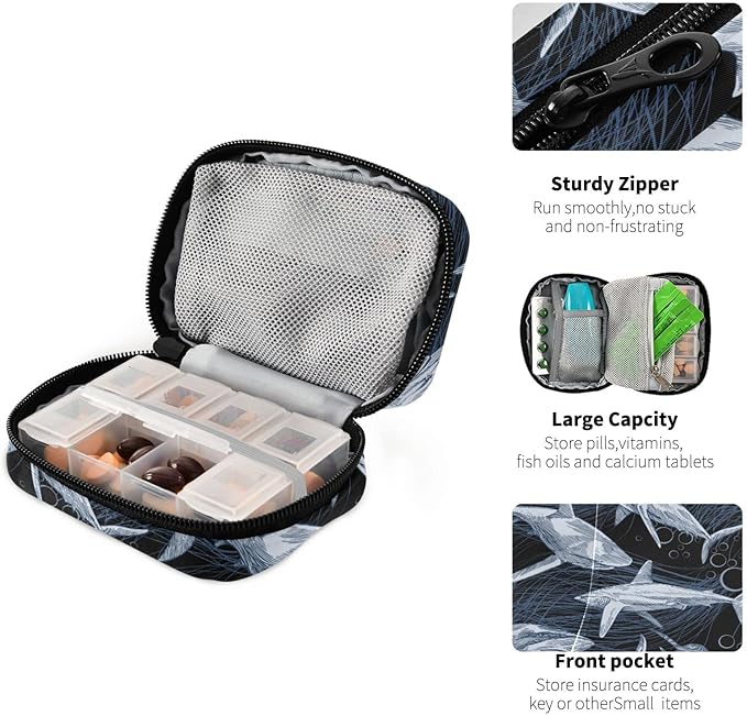 Shark Pill Box 7 Day Pill Case Travel Pill Organizer Bag with Zipper Portable Weekly Vitamin Medicine Supplement Holder Pouch Bag