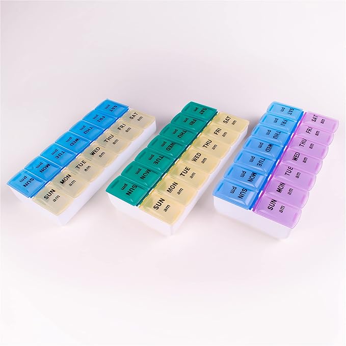 Apex Weekly AM/PM Medication Dispenser, 7-Day Twice-A-Day Pill Organizer with Easy-Open Lids (Color May Vary)
