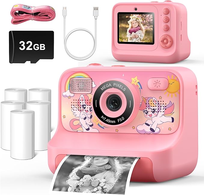 Instant Print Camera for Kids Age 3-12 Girls Boys 1080P HD Digital Video Cameras with 5 Print Paper & 32G Card Toddler Portable Travel Toys Camera for Christmas Birthday Gifts