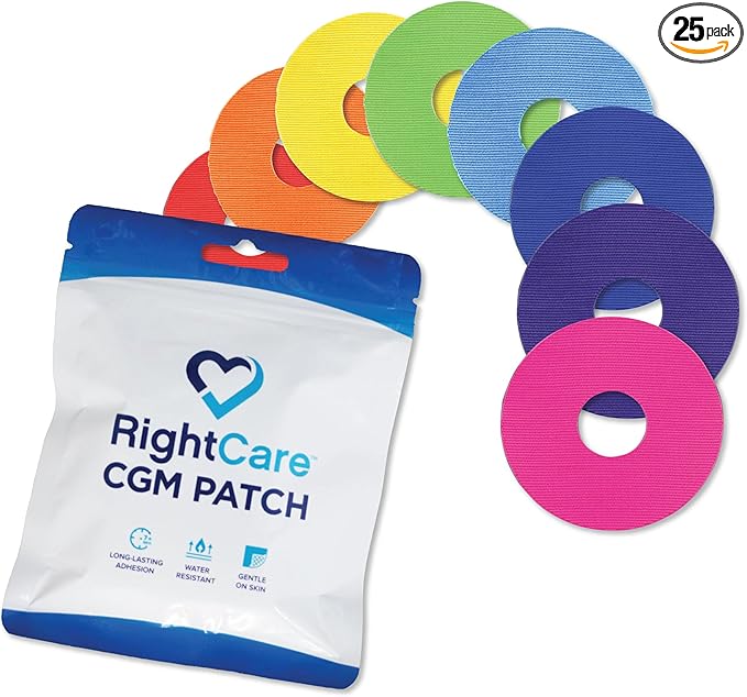 RightCare CGM Adhesive Patches Pre-Cut for Freestyle Libre 2 & 3, and Lingo, Waterproof Adhesive Medical Tape, Uncovered Circle Protective Patches, Multicolor Assortment, Bag of 25