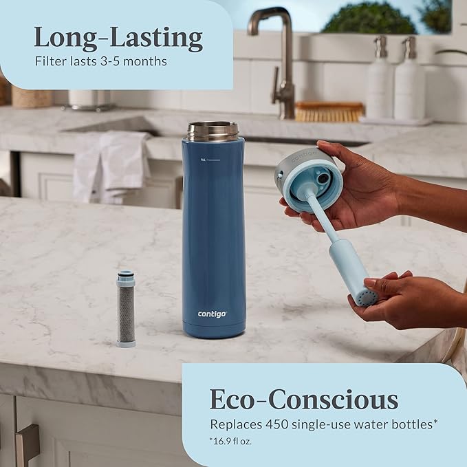 Contigo Wells Chill Stainless Steel Filter Water Bottle with AUTOSPOUT Straw Lid and Replacement Filter, 24 Oz. [color]