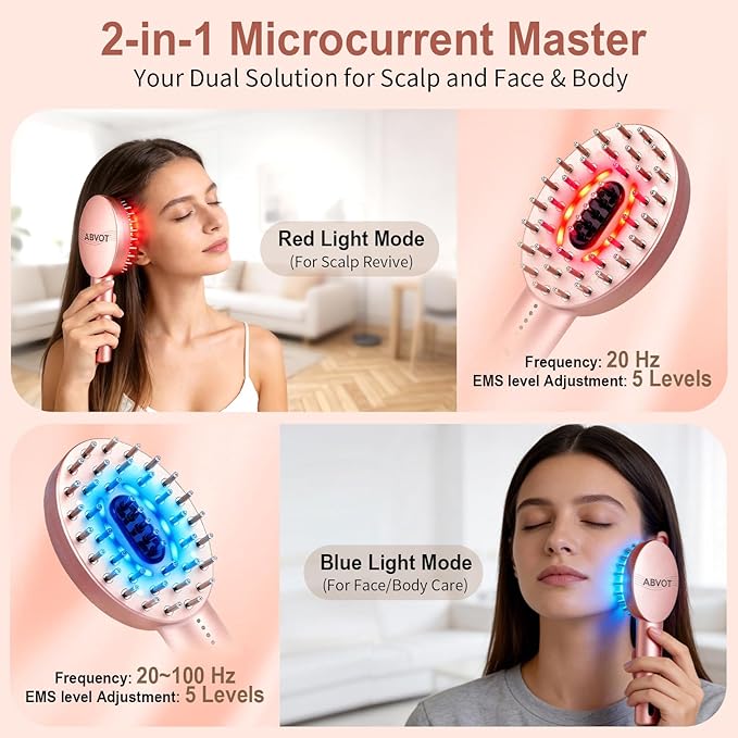 3-in-1 Electric Scalp Massager with Hair Oil Applicator, Red & Blue Light Modes, Vibrating Massage Tool for Scalp/Face/Body Relaxation, Portable Scalp Massager Brush for Travel (Rose Gold)