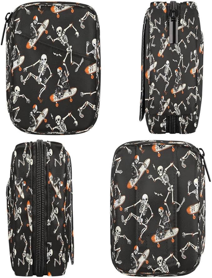 Funny Halloween Skateboard Skeleton Travel Pill Organizer Box Weekly Portable Pill Case Daily Pills 7 Day Small Birth Control Pills Container Removable Compartments for Medicine Vitamins Fish Oil