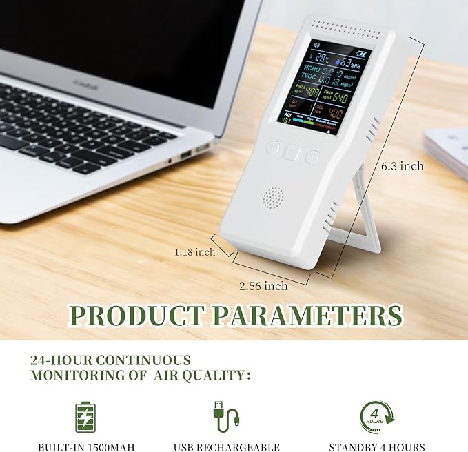9-in-1 Air Quality Monitor, Indoor Air Quality Meters for PM2.5, PM10, AQI, CO2, CO, TVOC, HCHO, Humidity & Temperature Detector, Portable Air Quality Tester