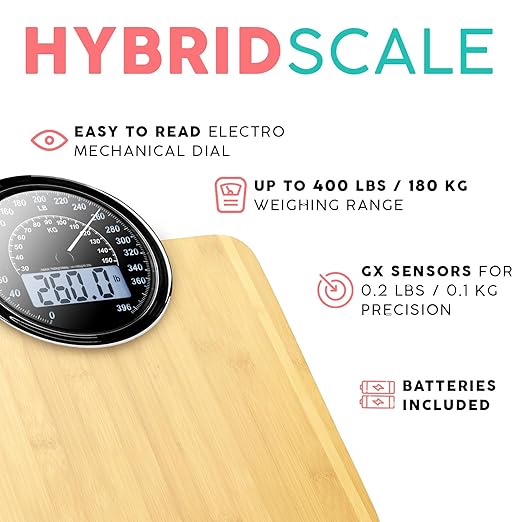 Adamson Hybrid 2-in-1 Analog & Digital Weighing Scale for Body Weight up to 400lbs - Thick Tempered Glass - Extra Large Display - Easy to Read Digital Bathroom Scale - Wood with White Backlight