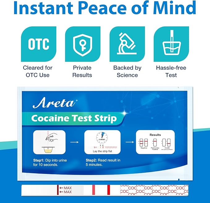 Areta Cocaine Test Strips: Instant Urine Drug Test for Cocaine 5 Pack, OTC Use, COC Coke Crack Home Detection Kit, 300 ng/mL Cutoff, Result in 5 Min -#ASCOC-114