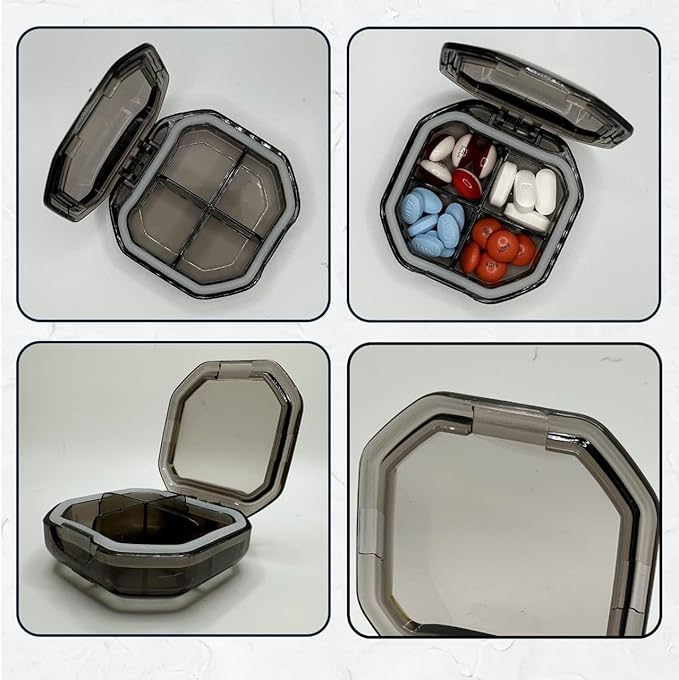 Travel Pill Organizer - Durable, Watertight Pill Case Travel Size with 4 Compartments - Compact Pill Travel Case for Vitamins, Supplements, Medicine - Travel Pill Container for Purse (Gray)