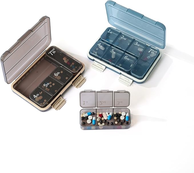 RICHCEE Weekly (7-Day) Pill Organizer, 7 Compartments Combined Pill Box, Medicine Planner for Fish Oil/Vitamin Organizer/Supplement (Darkbrown)