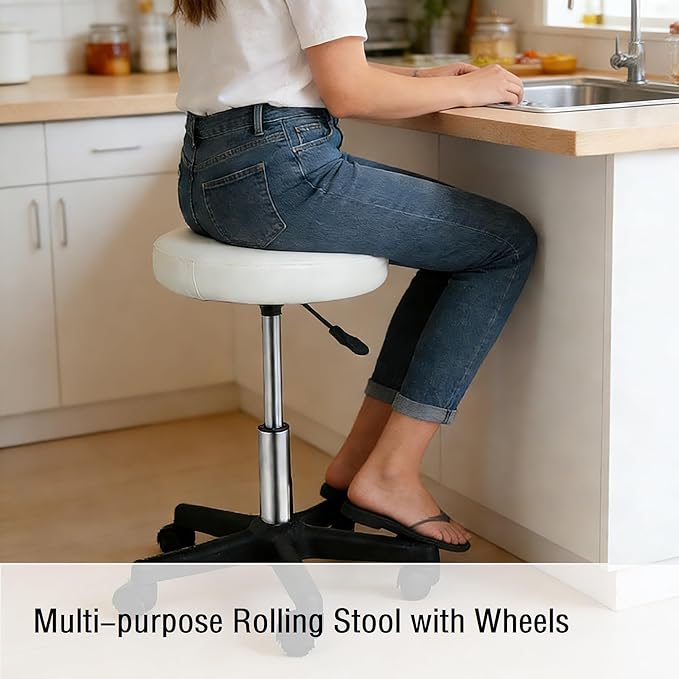 ZENY Adjustable Swivel Rolling Stool Chair with Wheels for Home Office Beauty Salon Spa Medical Tattoo Drafting, White