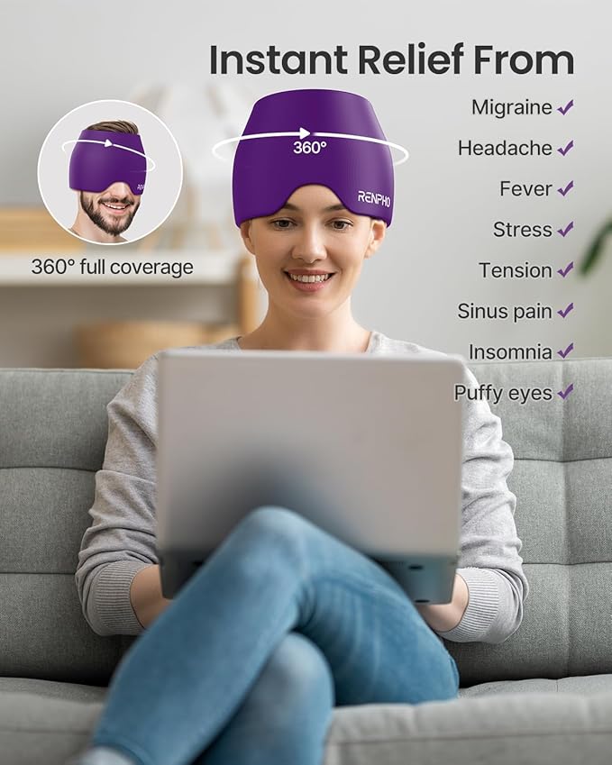 RENPHO Migraine Relief Cap, FSA Eligible HSA Headache Relief Cap, Ice Head Wrap with Hot or Cold Therapy, Hangover Relief Products, Anxiety Relief Items, Ice Face Mask, Gifts for Women Men