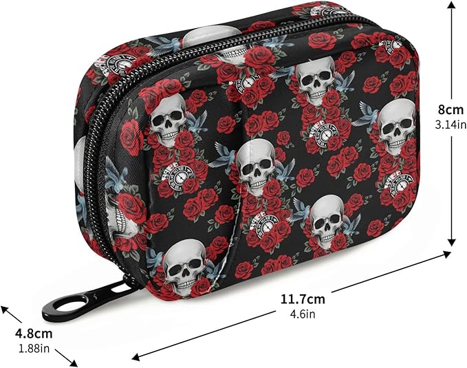 Travel Pill Organizer Bag Weekly Pill Organizer Case Skull Rose Clock Pigeon Portable Small Daily Pill Boxes for Vitamin Fish Oils Supplement Holder with Zipper Compact Size